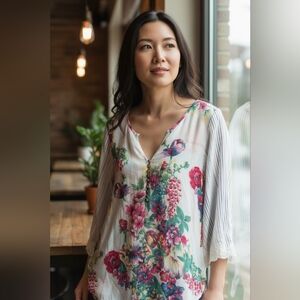 Aratta Boho Floral Stripe Lace Women's Blouse Size Medium